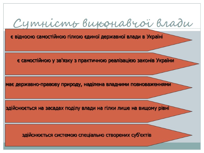 Сутність виконавчої влади є відносно самостійною гілкою єдиної державної влади в Україні  
